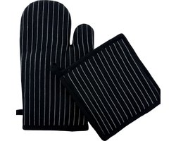Ovenwant & Pannenlap Set – 100% BCI Katoen – Zwart met Witte Strepen – Hittebestendig tot 250°C