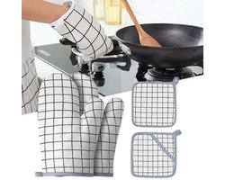 Ovenwanten en pannenlappen Grillhandschoenen - 1 paar ovenwanten en 2 pannenlappen met gerecyclede vulling, siliconen antislip kookhandschoenen voor koken, bakken en grillen, set van 4, wit