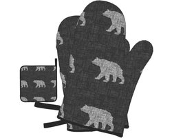 Ovenwanten en pannenlappen set van 4 kleine beren grijze Bbq handschoenen hittebestendige keukenwanten bedrukte ovenhandschoenen, voor bakken, grill, magnetron
