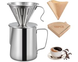 Over koffiezetapparaat, roestvrij staal, met koffiefilterhouder, 100 papieren filters en 600 ml melkopschuimer voor thuis, kantoor, camping, druppelkoffieset