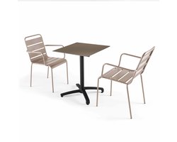 Oviala - 60x60 cm taupe verstelbare tafel met 2 taupe fauteuils