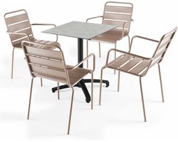 Oviala - 60x60 cm verstelbare tafel in lichtgrijs met 4 taupe fauteuils