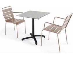 Oviala - 70x70 cm luie tafel in lichtgrijs met 2 taupe stoelen