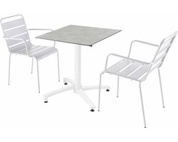 Oviala - Een tuintafel met betonnen laminaat en 2 witte fauteuils