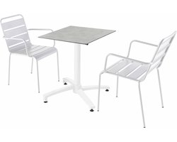 Oviala - Een tuintafel met betonnen laminaat en 2 witte fauteuils - Opéra