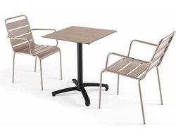 Oviala - Licht eiken 60x60 cm verstelbare tafel met 2 taupe fauteuils