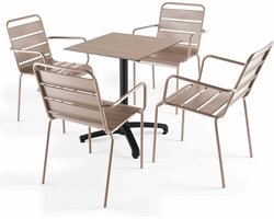 Oviala - Licht eiken 60x60 cm verstelbare tafel met 4 taupe fauteuils