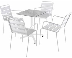 Oviala - Liggende marmeren laminaattafel van 60x60 cm en 4 witstoelen