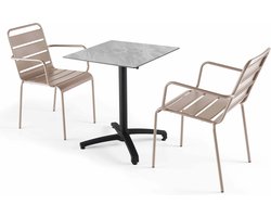 Oviala - Marmeren 60x60 cm verstelbare tafel met 2 taupe fauteuils