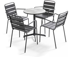 Oviala - Ronde tuintafel met 4 grijze stalen fauteuils - Tivoli