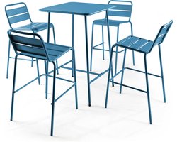Oviala - Set bartafel en 4 hoge stoelen van blauw pacifisch metaal - Palavas