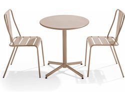 Oviala - Set ronde tafel en 2 bistro tuinstoelen in taupe metaal - Palavas