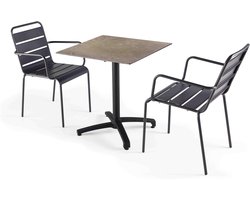 Oviala - Set tuintafel met beige marmeren laminaat en 2 grijze fauteuils