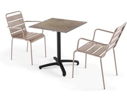 Oviala - Set tuintafel met beige marmeren laminaat en 2 taupe fauteuils - Opéra
