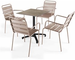 Oviala - Set tuintafel met beige marmeren laminaat en 4 taupe fauteuils