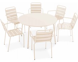 Oviala - Set van een ronde tuin tafel en 6 ivoorkleurige stalen fauteuils - Palavas