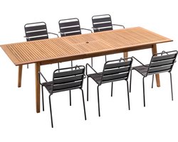 Oviala - Set van een uitschuifbare tuintafel van exotisch hout en 6 fauteuils