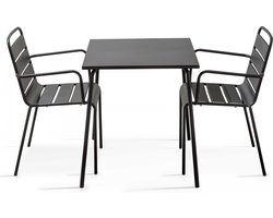 Oviala - Set van een vierkante tuin tafel en 2 grijze stalen fauteuils - Palavas