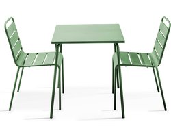 Oviala - Set van een vierkante tuin tafel en 2 groene cactus stalen stoelen - Palavas