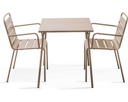 Oviala - Set van een vierkante tuin tafel en 2 taupe stalen fauteuils - Palavas