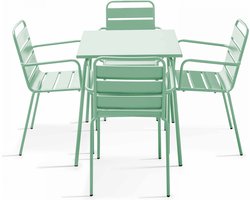 Oviala - Set van een vierkante tuin tafel en 4 fauteuils van groen salie staal - Palavas