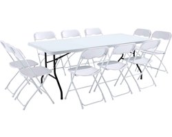 Oviala - Tafel en inklapbare stoelen voor 10 personen, 200 cm PEHD