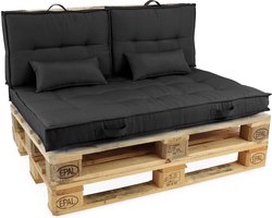 Oviala - Tuinmeubelset met pallets en grijze kussens inpakken