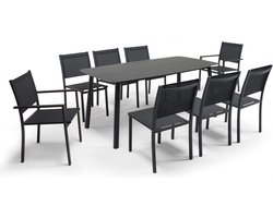 Oviala - Tuintafel van en steen, 6 grijze stoelen en 2 fauteuils