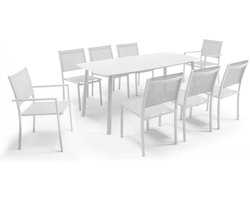 Oviala - Tuintafel van en steen, 6 witte stoelen en 2 fauteuils