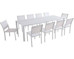 Oviala - Uitschuifbare aluminium tuintafel 52/260 cm en 10 witte stoelen - Extensia