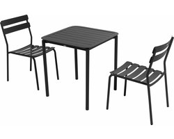 Oviala - Vierkante terrastafel (70 x 70 cm) en 2 zwarte stoelen