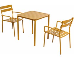 Oviala - Vierkante terrastafel (70 x 70cm) en 2 mosterdgele fauteuils - Almada