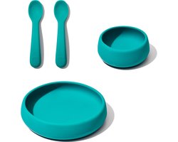 OXO Tot baby servies - silicone met verzwaarde bodem – baby bord + kom + 2 lepels – Kinderservies – Teal