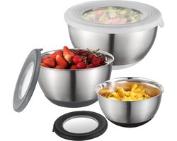 OxyFlowzy® - Mengkom met deksel, set van 3 roestvrijstalen mengkommen met zichtbare deksels, antislip siliconen basis, veelkleurig, stapelbare metalen kommenset voor bakken, opslag, 1.5L/3L/5L.