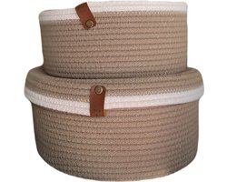 OZ Home - 2-delige Mandenset met Deksel - Beige/Wit - Duurzaam & Functioneel - Voor Compacte Opslag en Decoratie