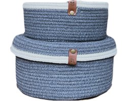 OZ Home - 2-delige Mandenset met Deksel - Donkerblauw/Wit - Duurzaam & Functioneel - Voor Compacte Opslag en Decoratie