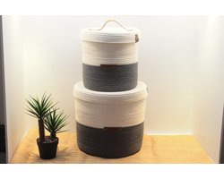 OZ Home - 2-delige Mandenset met Deksel - Donkerblauw/Wit - Duurzaam & Functioneel - Voor Opslag en Organisatie