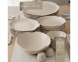 OZ Home Bavary Cermico Serviesset 27-delig - 6 Personen - Beige - Keramisch Steengoed - Organisch Wavy Design - Stapelbaar - Vaatwasser-, Magnetron- en Ovenbestendig