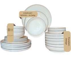 OZ HOME Bavary Collection - 24-delig Porseleinen Serviesset - 6 Personen - Wit met Fijne Rand - Modern Tafelservies Set - Servies