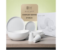 OZ HOME BAVARY Smile Serviesset 27-Delig - Porselein - Wit - Golfvormig Design - 6-Persoons - Vaatwasser & Magnetronbestendig