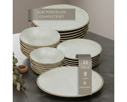 OZ Home Bricard Albi Serviesset 25-delig Porselein - 6 Personen - Gebroken Wit (greige) met Beige Rand - Stapelbaar - Vaatwasser- en Magnetronbestendig, Ovenbestendig