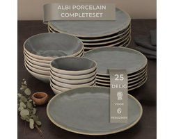 OZ Home Bricard Albi Serviesset 25-delig Porselein - 6 Personen - Groen-grijs (salie) met Beige Rand - Stapelbaar - Vaatwasser-, Magnetron- en Ovenbestendig