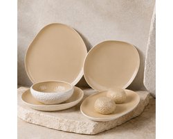 OZ Home Bricard Barles Stone Serviesset 27-delig – Porseleinen Servies voor 6 Personen – Wit/Taupe – Bordenset met Ovale Serveerschaal & Zout- en Peperstel – Vaatwasser-, Magnetron- & Ovenbestendig