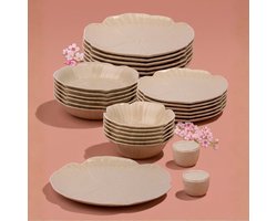 OZ Home Bricard Florange Serviesset - 27-delig - Taupe Porseleinen Servies voor 6 Personen - Bloemvormige Bordenset met Ovale Serveerschaal en Zout- en Peperstel