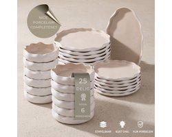 OZ Home Bricard Nice Serviesset 25-delig – Porseleinen Servies voor 6 Personen – Wit/Taupe – Japandi Bordenset met Ovale Serveerschaal – Vaatwasser- & Magnetronbestendig