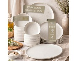 OZ HOME Bricard Vertou Serviesset 25-delig Porselein – 6 Personen – Matwit met Subtiele Spikkels – Stapelbaar – Vaatwasser-, Magnetron- en Ovenbestendig