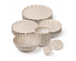 OZ Home Serviesset 27-delig – Crème Beige Porseleinen Servies voor 6 Personen – Bloemvormige Bordenset met Serveerschaal en Zout- & Peperstel