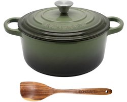 Ozocozy IRONCRAFT Gietijzeren Braadpan 2-4 Personen - 3,5L - Dutch Oven 24 cm - Alle Warmtebronnen incl. Inductie - Groen - Incl. Olijfhouten Kooklepel