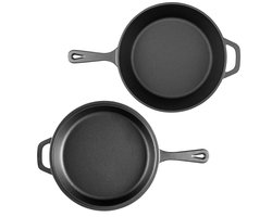 Ozocozy IRONCRAFT - Gietijzeren Pan 3L + 1,5L - 2-in-1 Braadpan – Preseasoned – PFAS-vrij – Geschikt Voor Alle Warmtebronnen - BBQ – Hittebestendig tot 260°C - Broodpan - Skillet - Ø20CM & Ø25CM