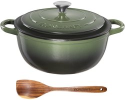 Ozocozy IRONCRAFT - Ø28CM - Gietijzeren Braadpan - Inhoud 6,7 liter - Rond - Alle warmtebronnen - Ook voor inductie - Inclusief Olijfhouten Kooklepel - Anti-Aanbaklaag - Gewicht 6,5 kg - Groen